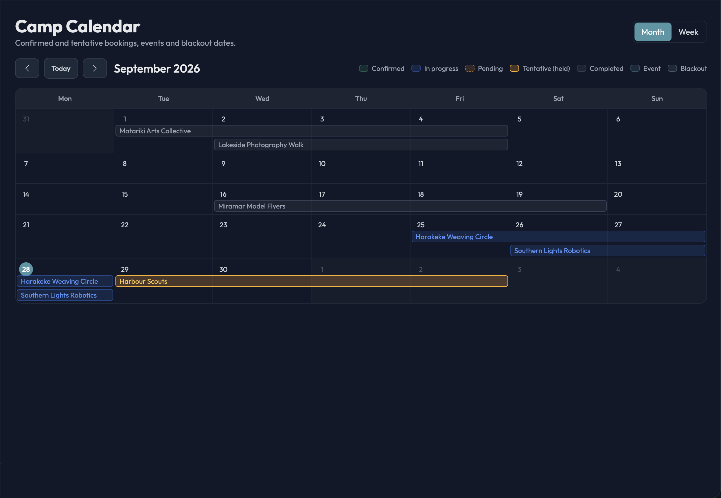 Bookings calendar in month view with confirmed bookings, tentative holds and blackout dates colour-coded per venue