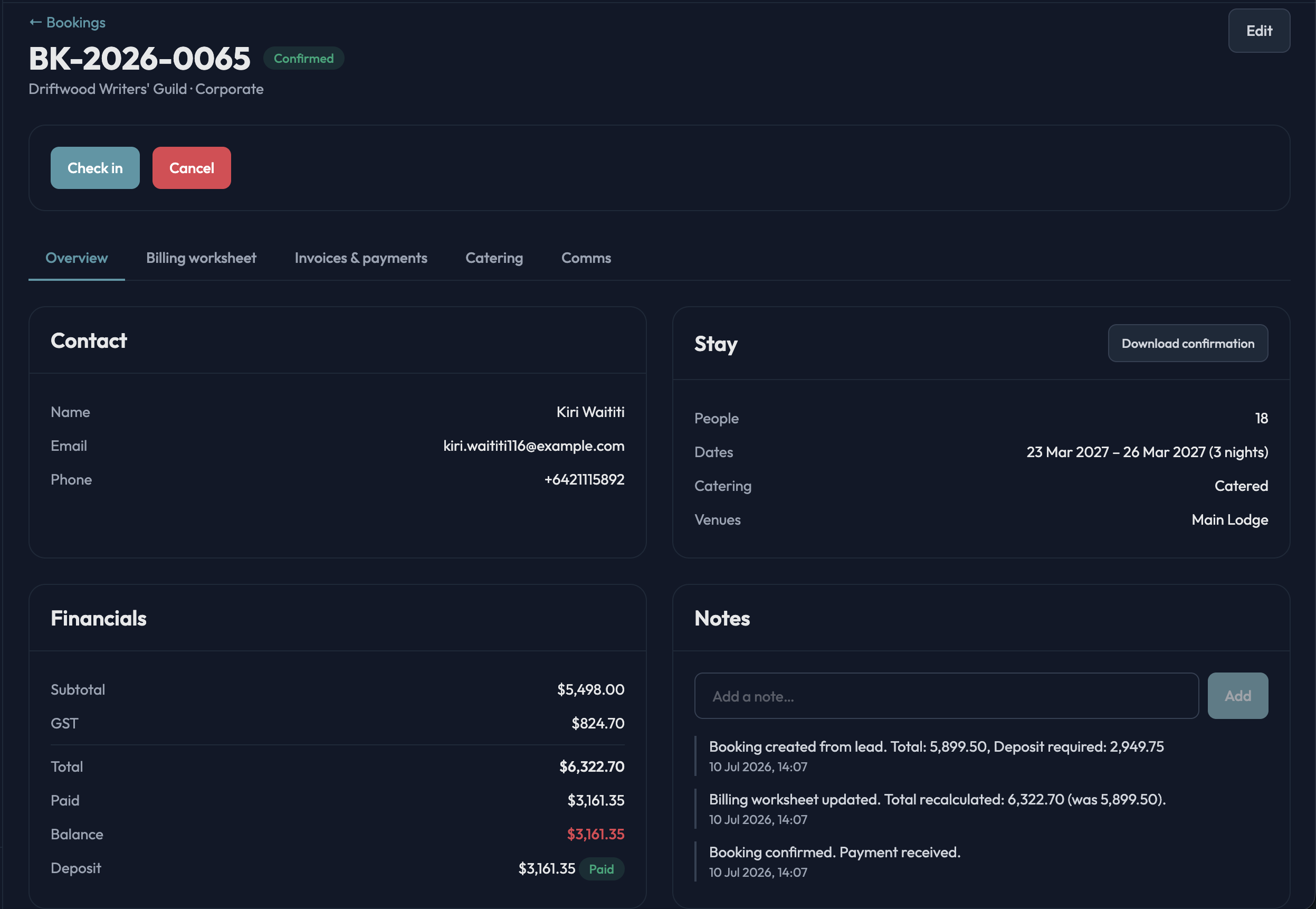 Booking detail page with the overview tab open, showing dates, venue, party size, status and the tabs for billing, invoices and communications