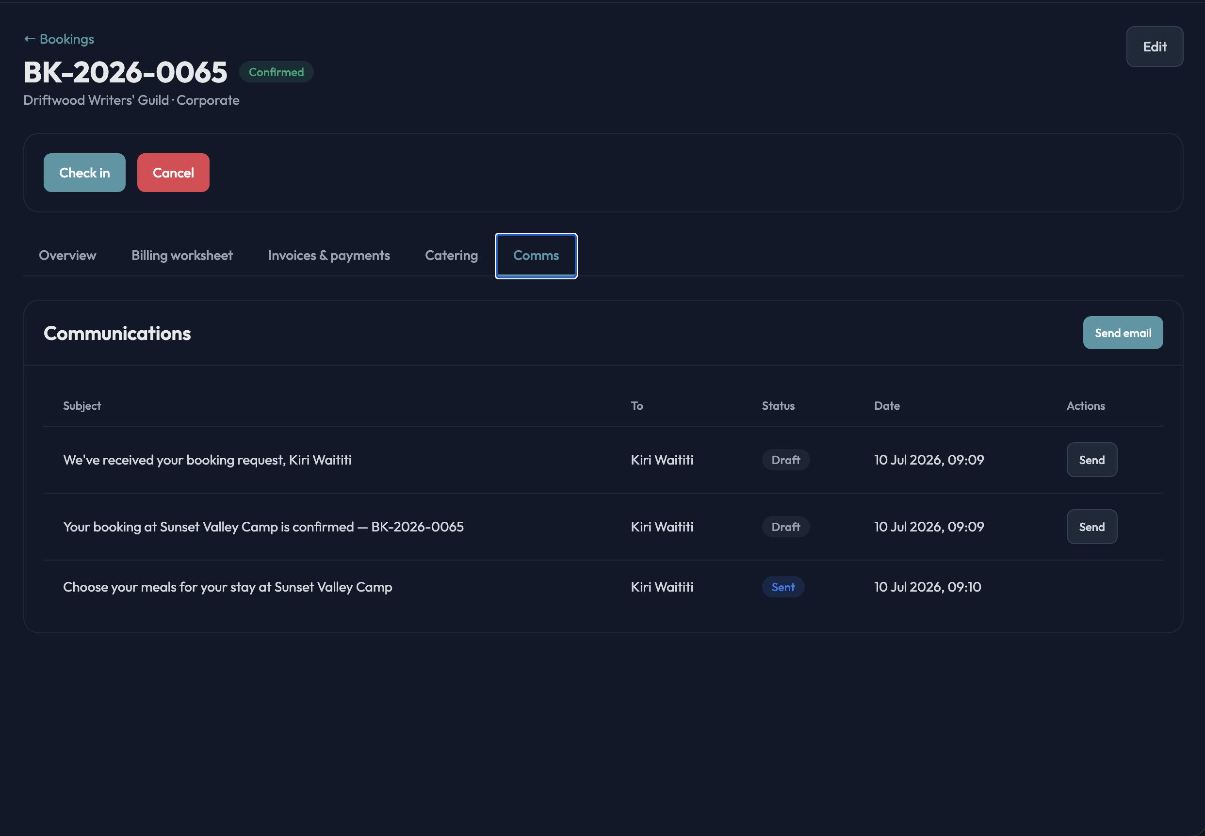 Communications tab on a booking listing the confirmation, deposit invoice and menu-selection emails with their sent status