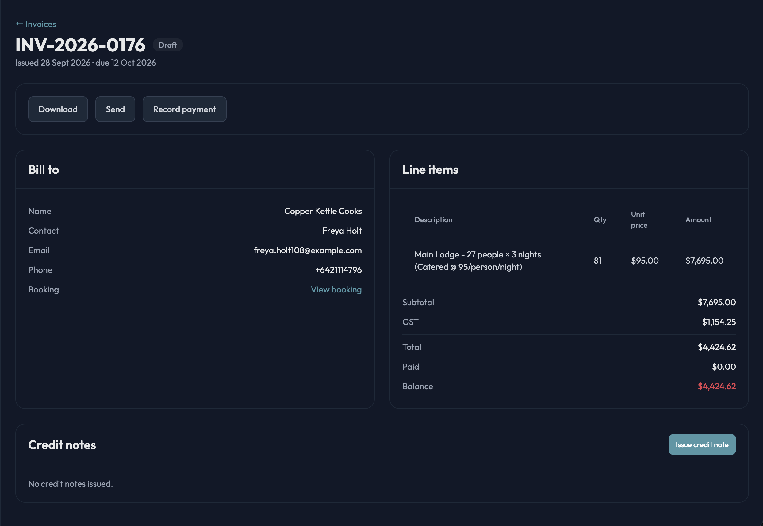 A priced booking showing the per-person seasonal rate, catered option, promo code and the deposit invoice raised from it